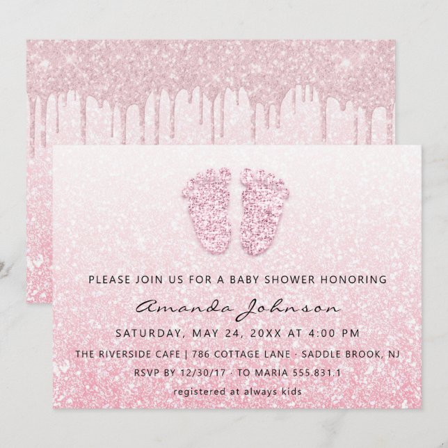 Invitation Baby shower Pieds Parties scintillant Rose Pink Dr (Devant / Derrière)