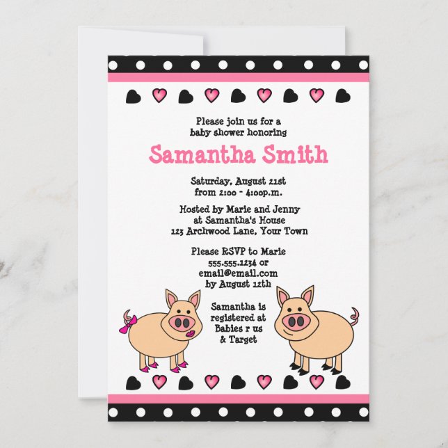 Invitation Baby shower Piggy Rose Cute (Devant)