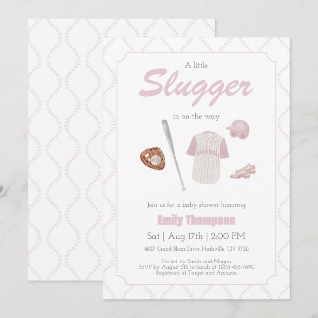 Invitation Baby shower Pink A Little Slugger (Devant / Derrière)