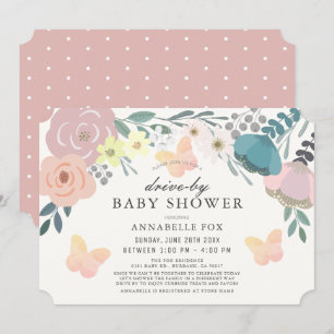 Invitation Baby shower Pink Floral & Butterflies Drive by