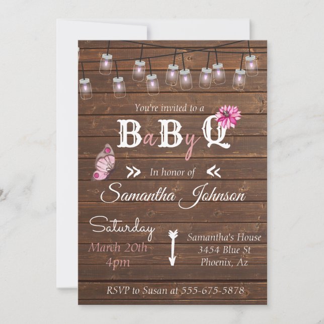 Invitation Baby shower Pink Girl Party BBQ Rustique Bois (Devant)