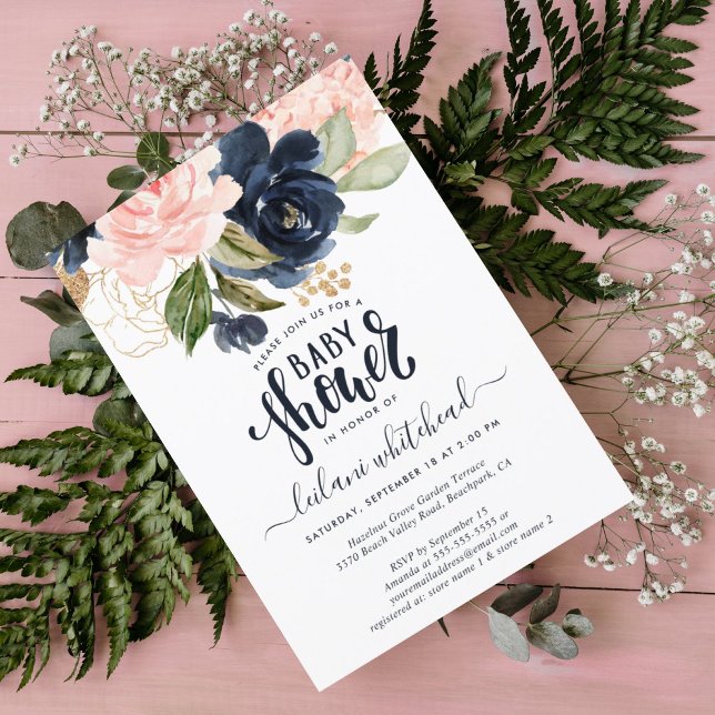 Invitation Baby shower Pink Navy Floral Cluster (Créateur téléchargé)