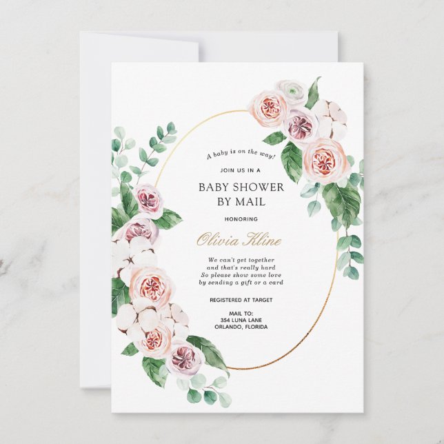 Invitation Baby shower Pink Peony Gold Frame par courrier (Devant)