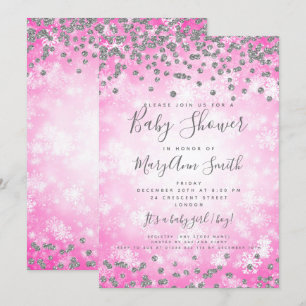 Invitation Baby shower Pink Silver Parties scintillant Winter