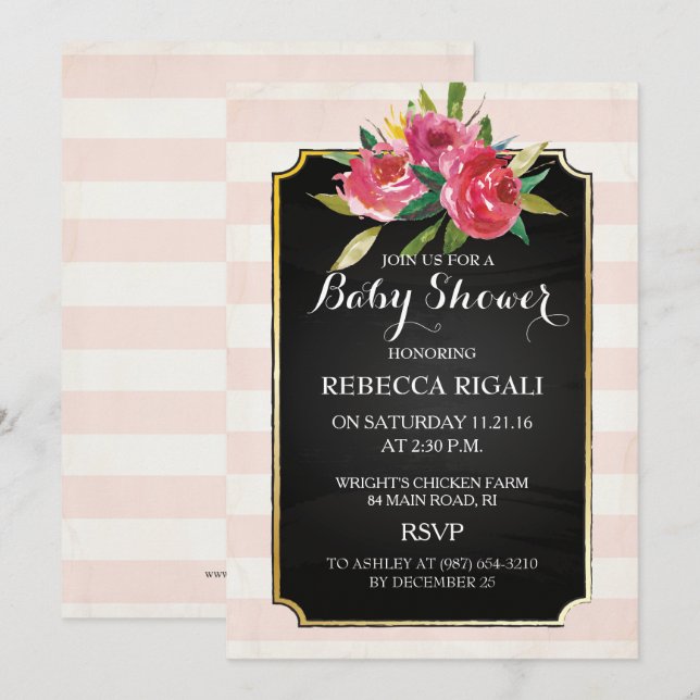 Invitation baby shower - Pink Stripes Floral (Devant / Derrière)