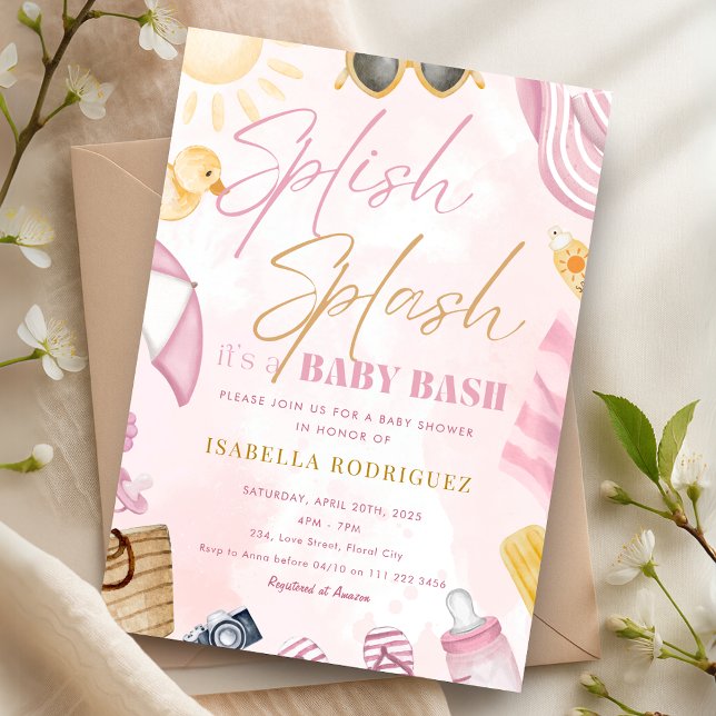 Invitation Baby shower Piscine Pink Splash Bash (Pool Party Baby Shower Pink Splish Splash Bash Invitation)