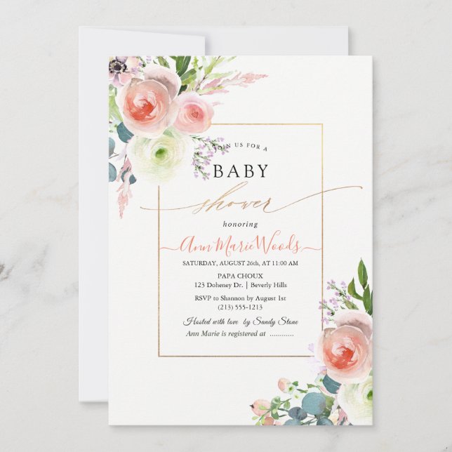 Invitation Baby shower PixDezines Watercolor Blush Peonies (Devant)