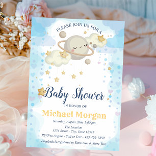 Invitation Baby Shower Planète Étoiles Nuages Bleu