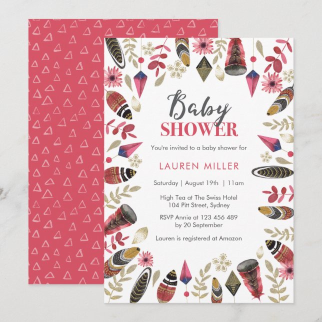 invitation baby shower | Plumes tribales de saumon (Devant / Derrière)