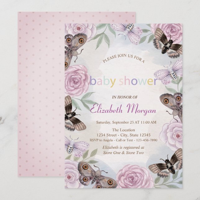 Invitation Baby shower pointillé aux fleurs de papillons élég (Devant / Derrière)