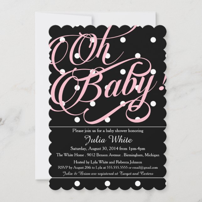 Invitation Baby shower, points noirs, blancs et roses (Devant)