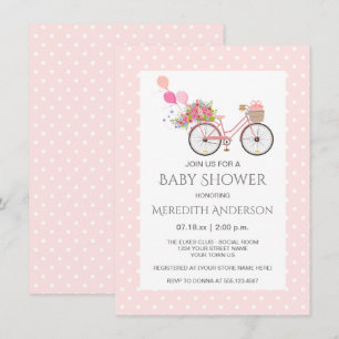Invitation Baby shower Pois à fleurs de bicyclettes roses