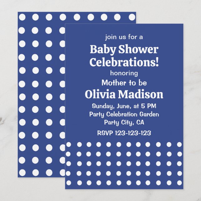 Invitation Baby shower Pois bleu blanc (Devant / Derrière)