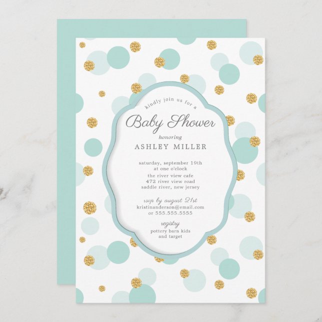Invitation Baby shower Pois Blue & Gold (Devant / Derrière)