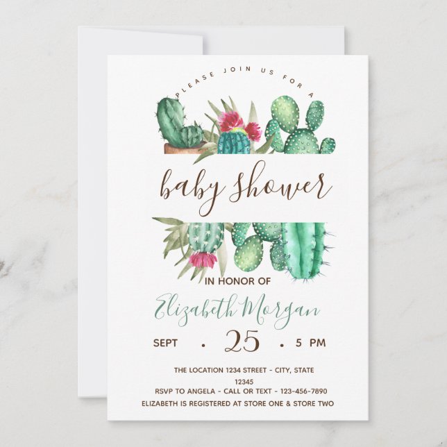 Invitation Baby shower Pois Cactus aquarelle (Devant)