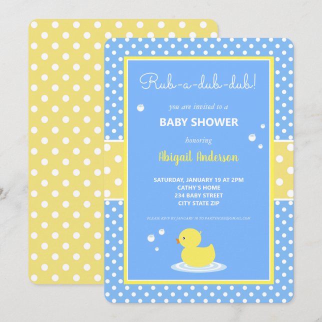 Invitation Baby shower Pois de canard jaune et bleu Invita (Devant / Derrière)