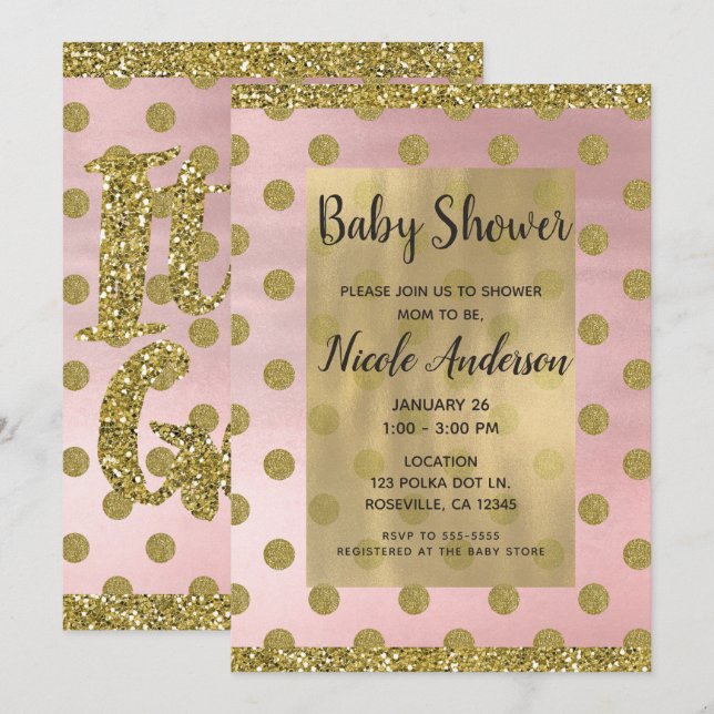 Invitation Baby shower Pois de Parties scintillant rose et or (Devant / Derrière)