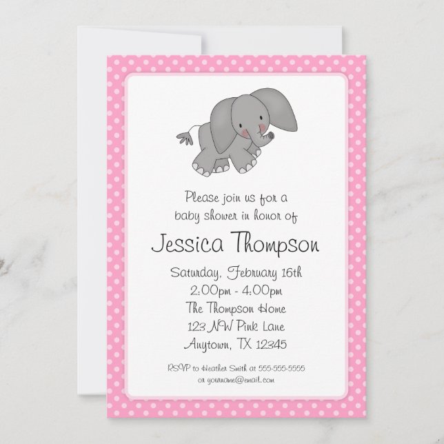 Invitation Baby shower Pois d'éléphants roses (Devant)
