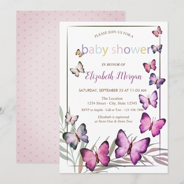 Invitation Baby shower Pois des papillons d'aquarelle (Devant / Derrière)