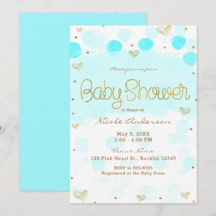 Invitation Baby shower Pois et Coeurs Bleu Or Blanc