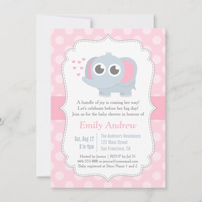 Invitation Baby shower Pois moderne Baby Elephant (Devant)