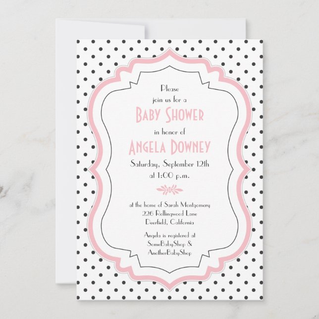 Invitation Baby shower Pois rose noir (Devant)