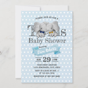 Invitation Baby shower Pois Twins Boy Elephant Blue