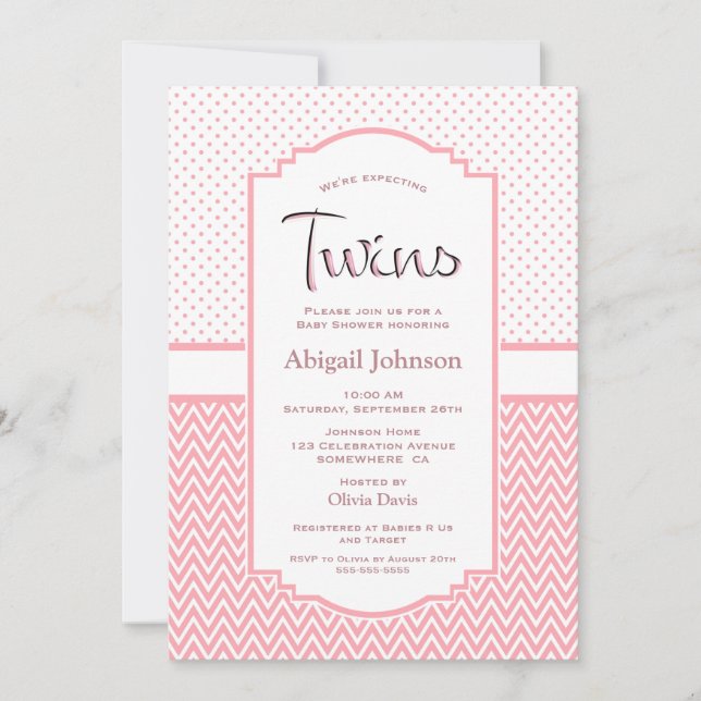 Invitation Baby shower Pois Twins Chevron Rose (Devant)