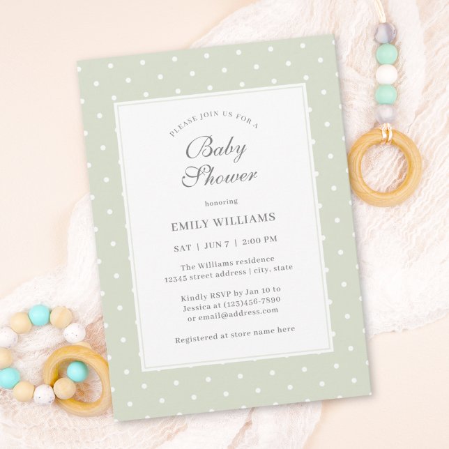 Invitation Baby shower Pois vert et blanc de Sage clair (Créateur téléchargé)
