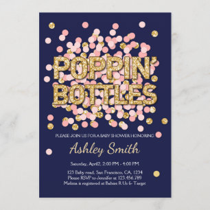 Invitation Baby shower Poppin Bouteilles Confetti Navy Rose