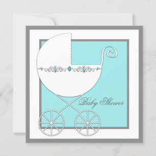 Invitation Baby-Shower pour Bébé avec Carrosse Bleu Sarcelle