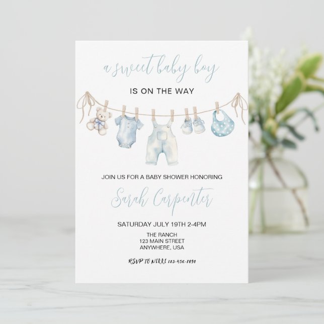 Invitation Baby shower pour bébé bleu (Debout devant)