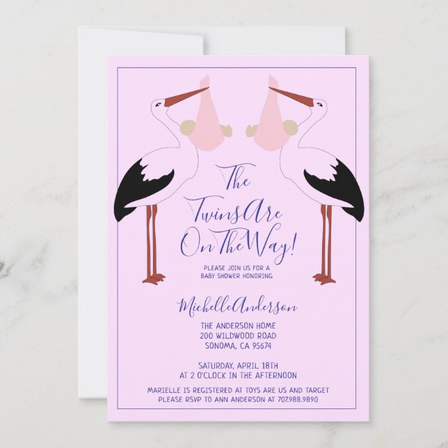 Invitation Baby shower pour bébé rose jumeau avec prise de ci (Devant)