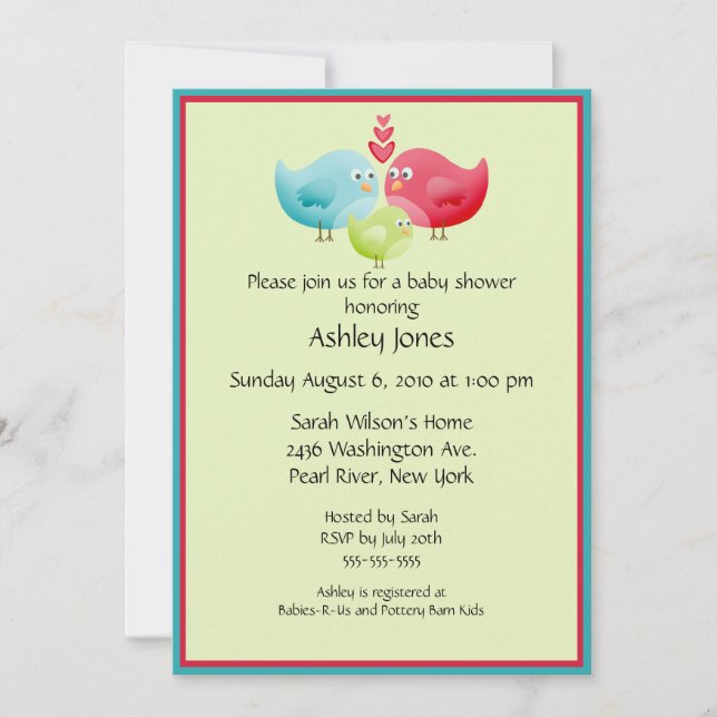 Invitation Baby shower pour bébés oiseaux (Devant)