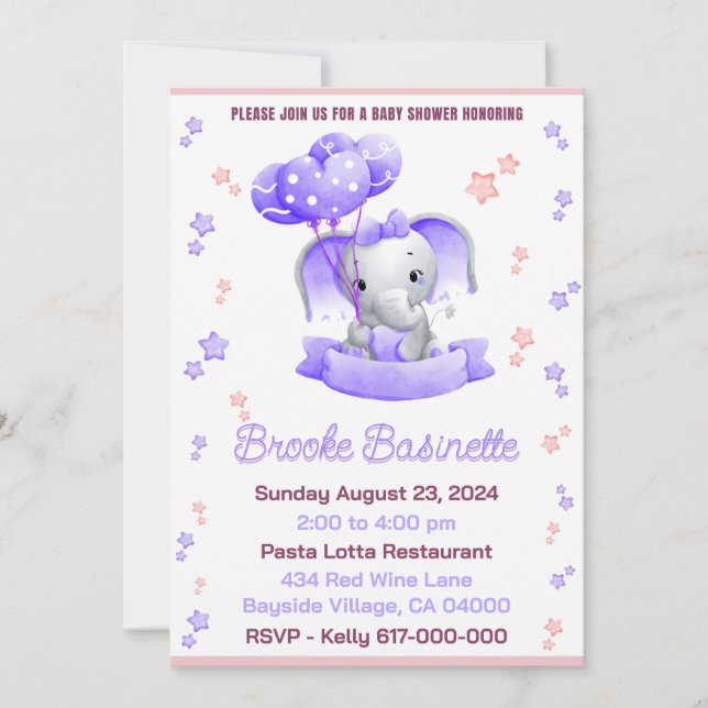 Invitation Baby shower pour fille rose et pourpre bébé élépha (Devant)