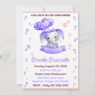 Invitation Baby shower pour fille rose et pourpre bébé élépha
