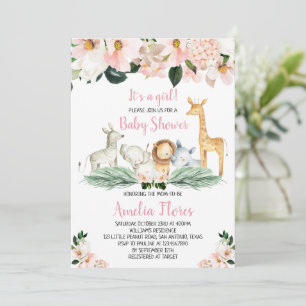 Invitation Baby shower pour filles Safari Animaux