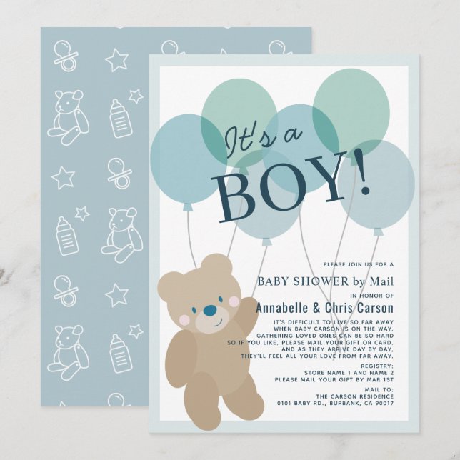 Invitation Baby shower pour garçon bleu Teddy Bear par courri (Devant / Derrière)
