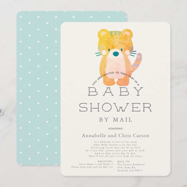 Invitation Baby shower pour garçon bleu tigre par courrier (Devant / Derrière)