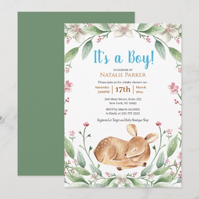 Invitation Baby shower pour garçons de bois de cerf de fleurs (Devant / Derrière)
