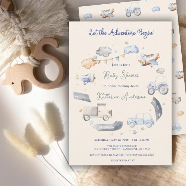 Invitation Baby shower pour garçons de transport d'aventure (Créateur téléchargé)