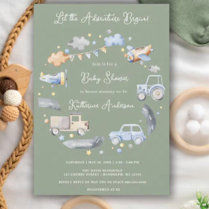 Invitation Baby shower pour garçons de transport d'aventure