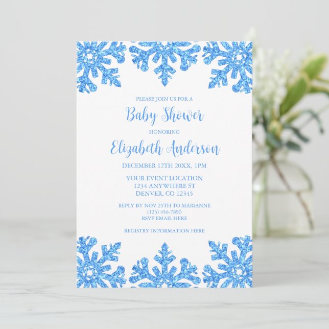 Invitation Baby shower pour garçons d'hiver Blue Snowflake (Debout devant)