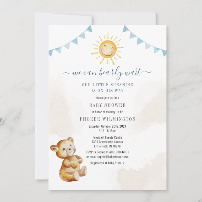 Invitation Baby shower pour garçons d'ours et de soleil (Devant)