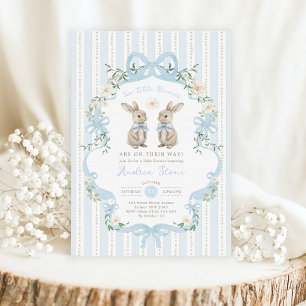 Invitation Baby shower pour jumeaux garçons thème lapin vinta