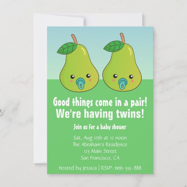 Invitation Baby shower pour les jumeaux - poires mignonnes (Devant)