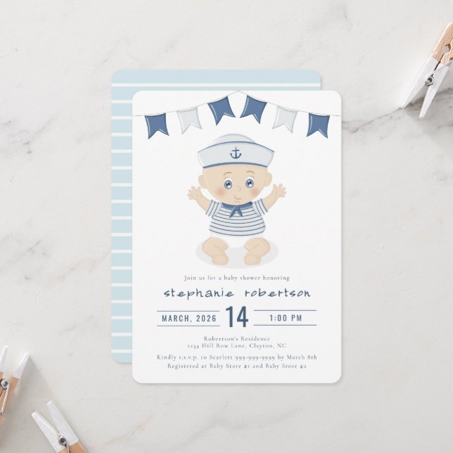 Invitation Baby Shower pour Petit Garçon Thème Marin (Devant/Arrière en situation)
