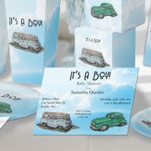 Baby shower pour un garçon, van et sedan