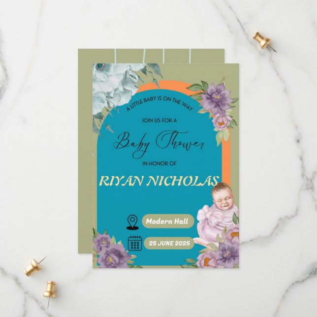 Invitation baby shower pour une fille ou un garçon (Devant/Arrière en situation)