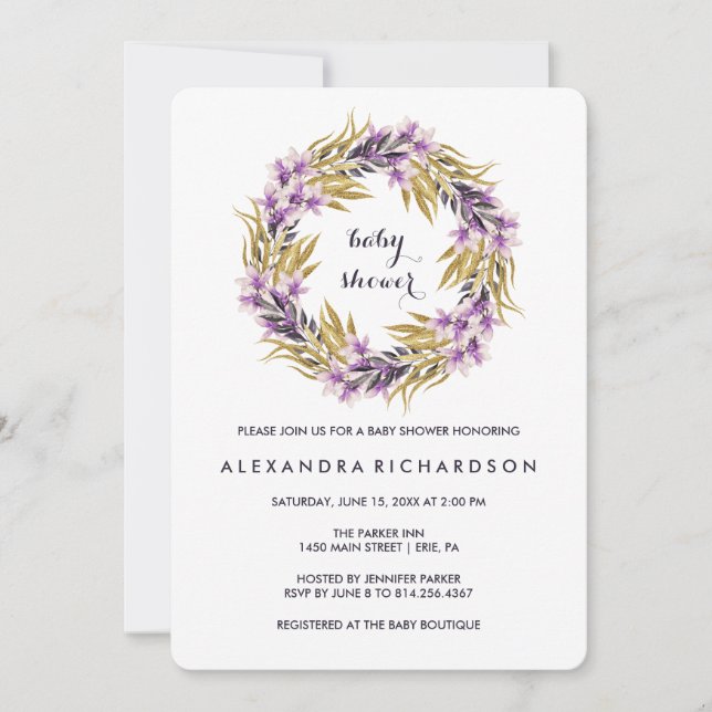 Invitation Baby shower pourpre de fleurs de magnolia de noir (Devant)